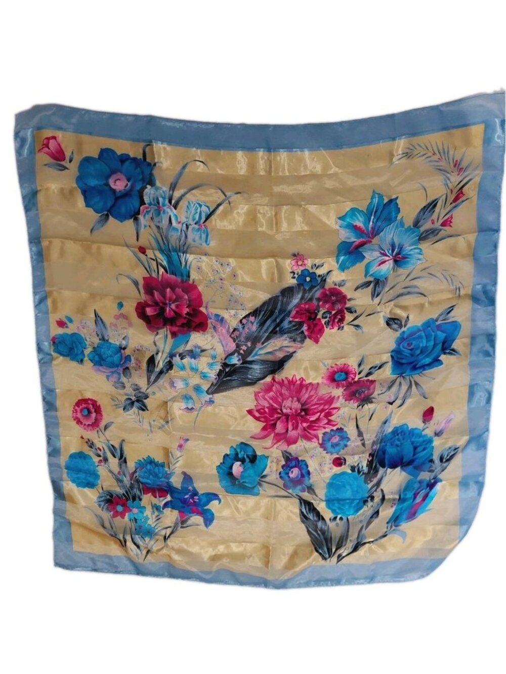 Scarf Yellow Blue Pink Iris Floral Square Shimmer Striped 37" READ